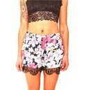 New Fashion Women Shorts Floral Print Elastic Mid Waist Lace Hem Slim Casual Boho Beach Wear Black