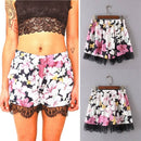 New Fashion Women Shorts Floral Print Elastic Mid Waist Lace Hem Slim Casual Boho Beach Wear Black