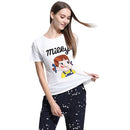 New Fashion Women T-shirt Top Letter Cartoon Print O-Neck Short Sleeves Pullover Casual Blouse White