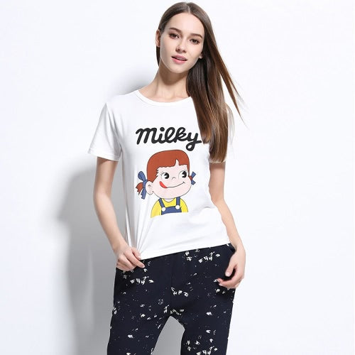 New Fashion Women T-shirt Top Letter Cartoon Print O-Neck Short Sleeves Pullover Casual Blouse White