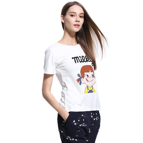 New Fashion Women T-shirt Top Letter Cartoon Print O-Neck Short Sleeves Pullover Casual Blouse White