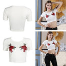 New Fashion Women Crop Top Floral Embroidery Roun Neck Short Sleeve Slim Fit Cool Tee Tops White