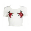 New Fashion Women Crop Top Floral Embroidery Roun Neck Short Sleeve Slim Fit Cool Tee Tops White