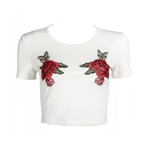 New Fashion Women Crop Top Floral Embroidery Roun Neck Short Sleeve Slim Fit Cool Tee Tops White