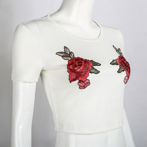 New Fashion Women Crop Top Floral Embroidery Roun Neck Short Sleeve Slim Fit Cool Tee Tops White