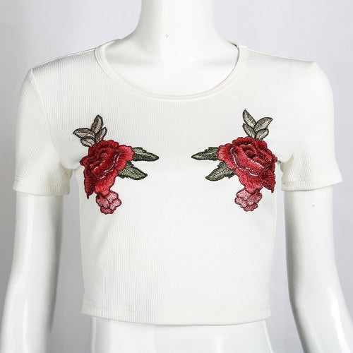 New Fashion Women Crop Top Floral Embroidery Roun Neck Short Sleeve Slim Fit Cool Tee Tops White