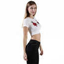 New Fashion Women Crop Top Floral Embroidery Roun Neck Short Sleeve Slim Fit Cool Tee Tops White