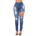 New Women Ripped Jeans Bodycon Denim Destroyed Frayed Hole Zipper Pockets Casual Pants Trousers Blue