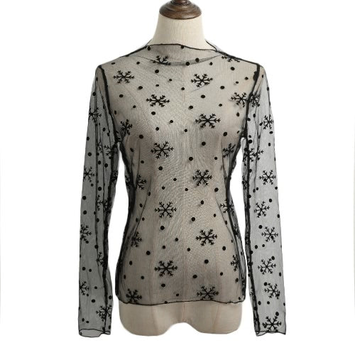 New Sexy Women Sheer Mesh Bodycon Top Thin Lace Long Sleeves Pullover Elegant Blouse Black