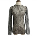 New Sexy Women Sheer Mesh Bodycon Top Thin Lace Long Sleeves Pullover Elegant Blouse Black