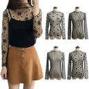 New Sexy Women Sheer Mesh Bodycon Top Thin Lace Long Sleeves Pullover Elegant Blouse Black