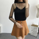 New Sexy Women Sheer Mesh Bodycon Top Thin Lace Long Sleeves Pullover Elegant Blouse Black