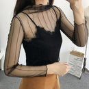 New Sexy Women Sheer Mesh Bodycon Top Thin Lace Long Sleeves Pullover Elegant Blouse Black