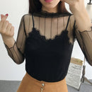 New Sexy Women Sheer Mesh Bodycon Top Thin Lace Long Sleeves Pullover Elegant Blouse Black