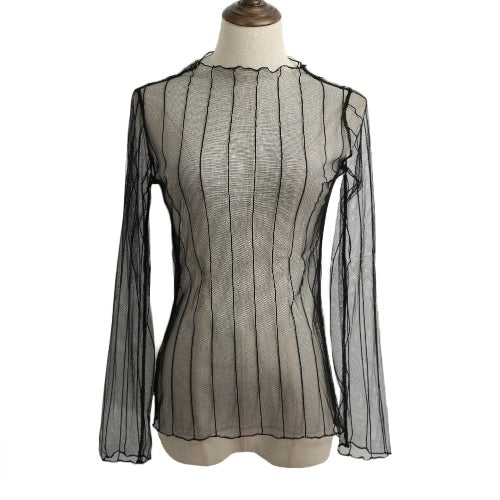 New Sexy Women Sheer Mesh Bodycon Top Thin Lace Long Sleeves Pullover Elegant Blouse Black