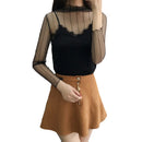 New Sexy Women Sheer Mesh Bodycon Top Thin Lace Long Sleeves Pullover Elegant Blouse Black