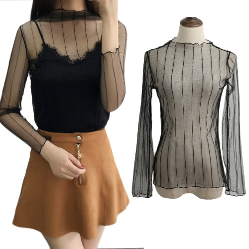 New Sexy Women Sheer Mesh Bodycon Top Thin Lace Long Sleeves Pullover Elegant Blouse Black