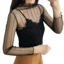 New Sexy Women Sheer Mesh Bodycon Top Thin Lace Long Sleeves Pullover Elegant Blouse Black