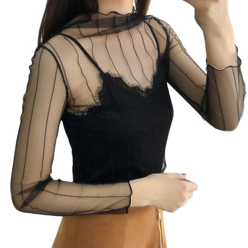 New Sexy Women Sheer Mesh Bodycon Top Thin Lace Long Sleeves Pullover Elegant Blouse Black