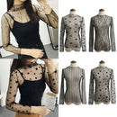 New Sexy Women Sheer Mesh Bodycon Top Thin Lace Long Sleeves Pullover Elegant Blouse Black