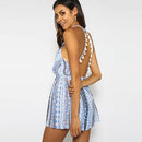 Summer Women Jumpsuit Plunge Front Boho Print Tassel Playsuit Rompers Sleeveless Short Overalls Green/Blue/Khaki