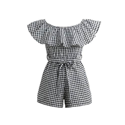 Women Jumpsuit Off Shoulder Plaid Ruffle Coveralls Romper Playsuit Beachwear With Belt Black