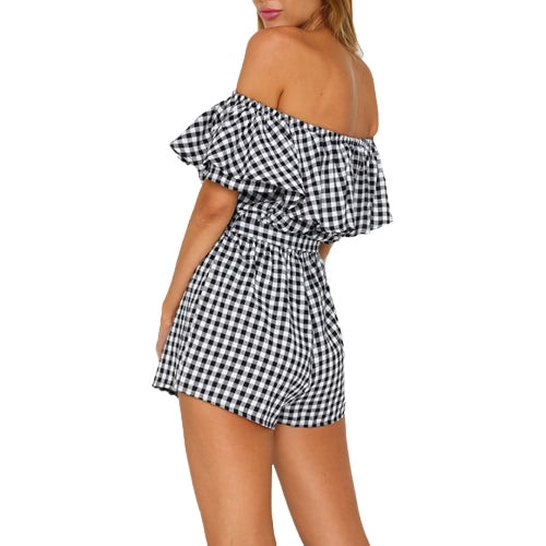 Women Jumpsuit Off Shoulder Plaid Ruffle Coveralls Romper Playsuit Beachwear With Belt Black