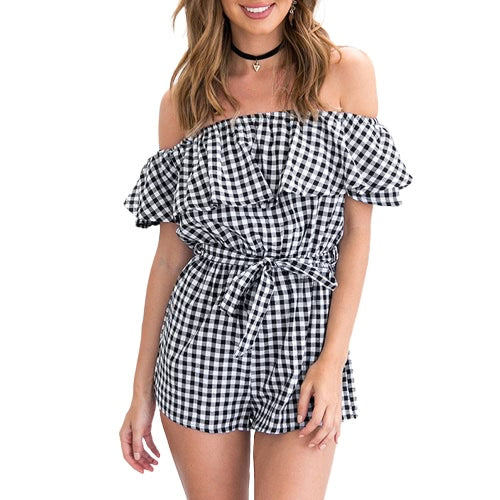 بذلة نسائية مكشوفة الكتفين منقوشة ومآزر رومبير Playsuit ملابس شاطئ مع حزام أسود