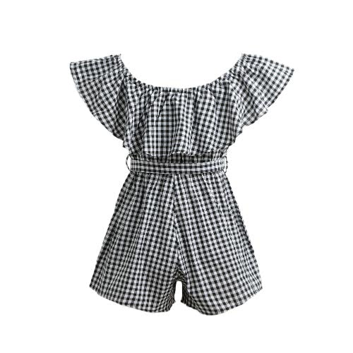 Women Jumpsuit Off Shoulder Plaid Ruffle Coveralls Romper Playsuit Beachwear With Belt Black