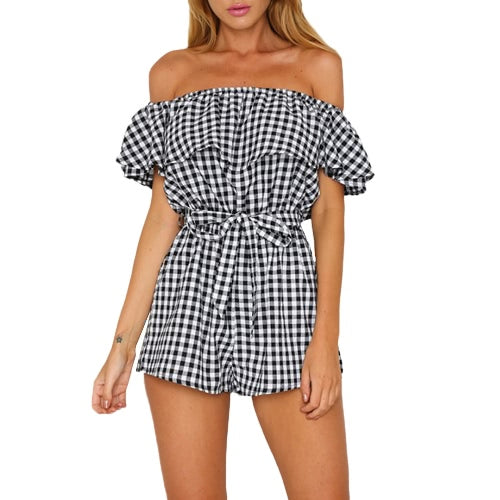 Women Jumpsuit Off Shoulder Plaid Ruffle Coveralls Romper Playsuit Beachwear With Belt Black