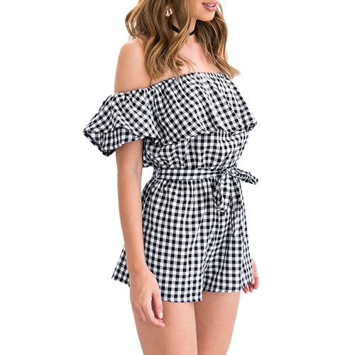 Women Jumpsuit Off Shoulder Plaid Ruffle Coveralls Romper Playsuit Beachwear With Belt Black