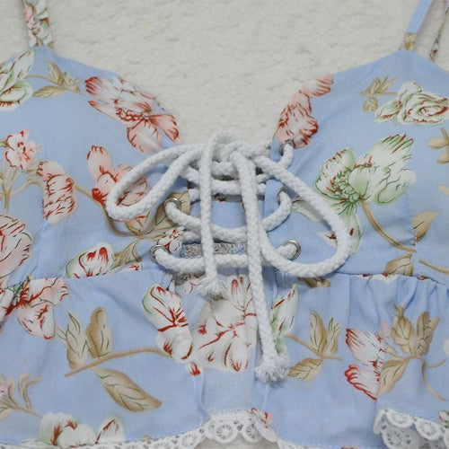 Women Two Piece Set Crop Top Shorts Floral Print Sleeveless Lace Up High Waist Ruffle Sexy Beach Suit Light Blue