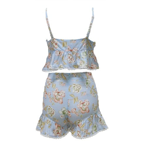 Women Two Piece Set Crop Top Shorts Floral Print Sleeveless Lace Up High Waist Ruffle Sexy Beach Suit Light Blue