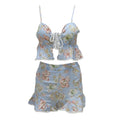 Women Two Piece Set Crop Top Shorts Floral Print Sleeveless Lace Up High Waist Ruffle Sexy Beach Suit Light Blue