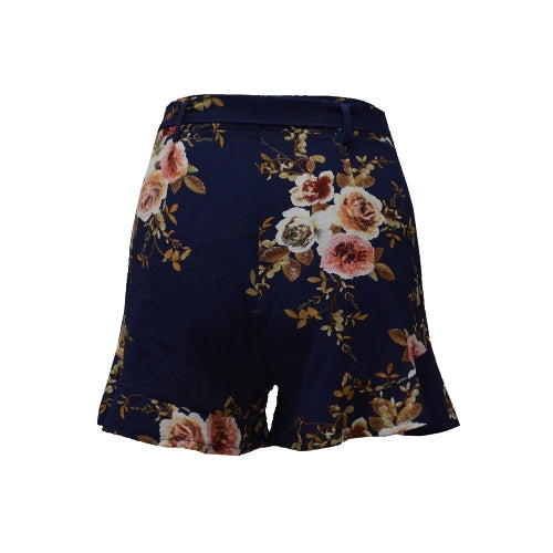 New Women Floral Print Shorts High Waist Ruffle Ruched Side Pocket Zipper With Belt Shorts