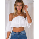 Sexy Fashion Women Loose Crop Top Solid Off Shoulder Backless Strappy Short Sleeves Casual Blouse Tank Tops White