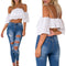 Sexy Fashion Women Loose Crop Top Solid Off Shoulder Backless Strappy Short Sleeves Casual Blouse Tank Tops White