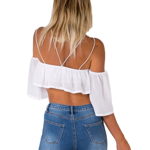 Sexy Fashion Women Loose Crop Top Solid Off Shoulder Backless Strappy Short Sleeves Casual Blouse Tank Tops White