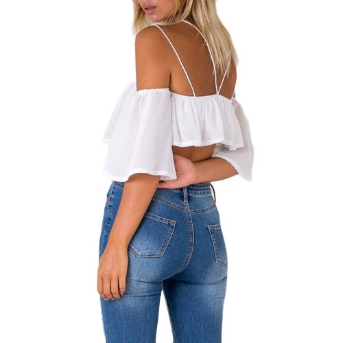 Sexy Fashion Women Loose Crop Top Solid Off Shoulder Backless Strappy Short Sleeves Casual Blouse Tank Tops White