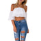 Sexy Fashion Women Loose Crop Top Solid Off Shoulder Backless Strappy Short Sleeves Casual Blouse Tank Tops White