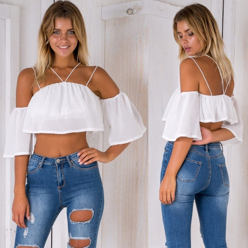 Sexy Fashion Women Loose Crop Top Solid Off Shoulder Backless Strappy Short Sleeves Casual Blouse Tank Tops White