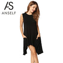 Women Summer Sleeveless Pockets Tunic Tank Tops Asymmetrical Hem Flowy Swing T Shirt Dress Casual Top