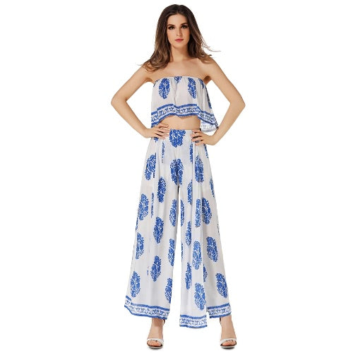 Sexy Women Two-piece Set Strapless Crop Top Wide Leg Pants Floral Striped Print Split Beach Boho Suits Outfits White/Red/Blue