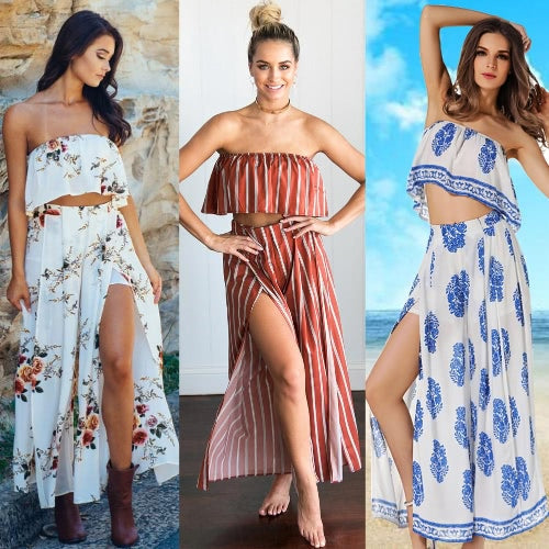 Sexy Women Two-piece Set Strapless Crop Top Wide Leg Pants Floral Striped Print Split Beach Boho Suits Outfits White/Red/Blue