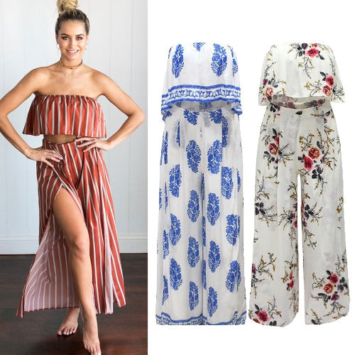 Sexy Women Two-piece Set Strapless Crop Top Wide Leg Pants Floral Striped Print Split Beach Boho Suits Outfits White/Red/Blue