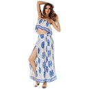 Sexy Women Two-piece Set Strapless Crop Top Wide Leg Pants Floral Striped Print Split Beach Boho Suits Outfits White/Red/Blue