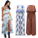 Sexy Women Two-piece Set Strapless Crop Top Wide Leg Pants Floral Striped Print Split Beach Boho Suits Outfits White/Red/Blue