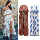 Sexy Women Two-piece Set Strapless Crop Top Wide Leg Pants Floral Striped Print Split Beach Boho Suits Outfits White/Red/Blue