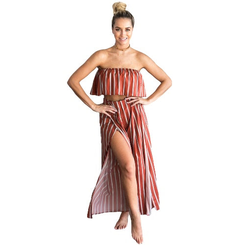 Sexy Women Two-piece Set Strapless Crop Top Wide Leg Pants Floral Striped Print Split Beach Boho Suits Outfits White/Red/Blue