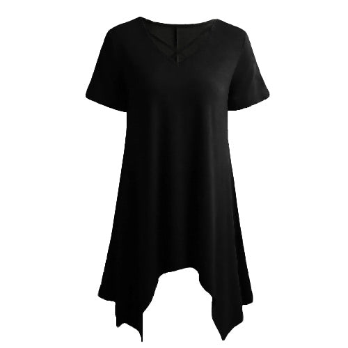 Sexy Women Asymmetric T-Shirt Criss Cross V Neck Short Sleeve Blouse Solid Loose Casual Tunic Top Black/Grey/Army Green